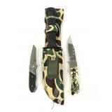 Two pocket knives and one knife with sheath