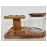 Wood pipe stand with glass tobacco jar