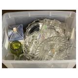 Tote of assorted glass pieces and trays