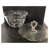Etched glass serving bowl and leaf tray w/ handle