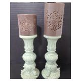 Two ceramic pillar candle stands w/ faux candles
