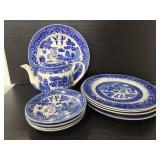 Blue Willow tea pot, saucers and plates