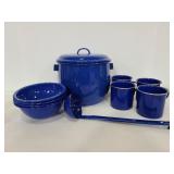 Blue speckled enamel camping cookware set