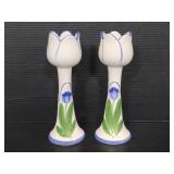 Pair of ceramic tulip candlestick holders