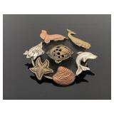 Mixed metals sea animals signed brooch pin
