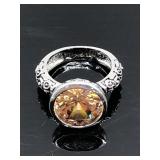 Silver toned amber brown gemmed GEP ring