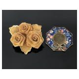 Gold toned mesh rose and pressed hat brooches