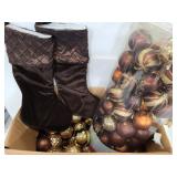 Brown/gold Christmas ball ornaments w/ 2 stockings