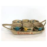 Vintage Jamaica woven tray with mini woven buckets