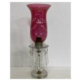 Antique clear & cranberry etched glass lamp