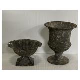 Pair of small antiqued metal topiary planters