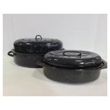 Two graniteware roasting pots