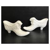 Pair of Fenton hobnail milk glass shoes