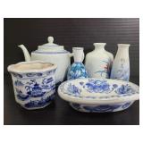 Collection of blue and white ceramic items