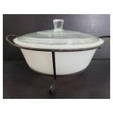 Vintage Glasbake white casserole dish w/ stand