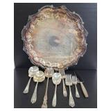 Silver tone serving tray and utensils