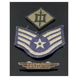Trio of vintage military patches & pin