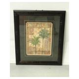 Bohemian palm print in wood frame w/carvings