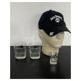 Jack Daniels shot, rocks glasses, & hat