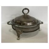 Vintage silver tone stand w/ glass serving dish
