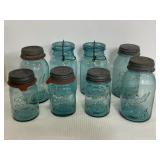Lot of vintage blue Ball glass mason jars w/ lids