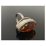 Sterling & amber stone ring - signed MET