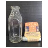 Vintage glass milk bottle & Eureka cream lifter
