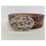 Leather floral belt w/ mother of pearl buckle