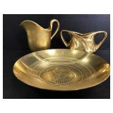 Gold plate dish and gold tone creamer and sugar