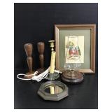 Vintage candlesticks and cross stitch art