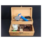 Assorted desk drawer lot in floral wood box