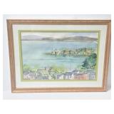 Signed framed water harbor painting