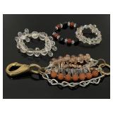 Three beaded bracelets & polished stone key ring