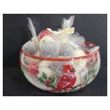 Cardinal crackle glass bowl w/ 8 sets ornaments