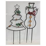 Outdoor metal snowman & tree yard stakes