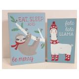 Sloth and Llama Christmas wood block signs