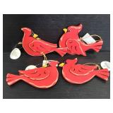 Four wood cardinal Christmas ornaments