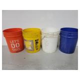 Four assorted 5 gallon paint buckets