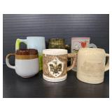 Six vintage glass and ceramic mugs
