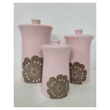 Set of 3 pink ceramic canisters w/ brown flowers