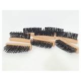 Eight metal bristle brushes with wood handles