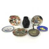 5 plates, ceramic vase & 1 vintage sauté pan