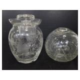 Glass etched jar and crackle orb vase