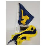 U of M Wolverines car flag, knit scarf, and box