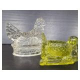 Glass chicken & green glass rooster candleholder