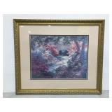 Large framed bridge over river - signed Hails 1993