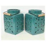 Pair of dark green ceramic candle lanterns