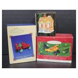 Two Hallmark & one Dickens village ornaments