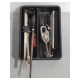 Tray of assorted work tools w/ square