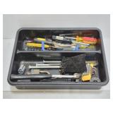 Tray of assorted garage tools w/ master lock